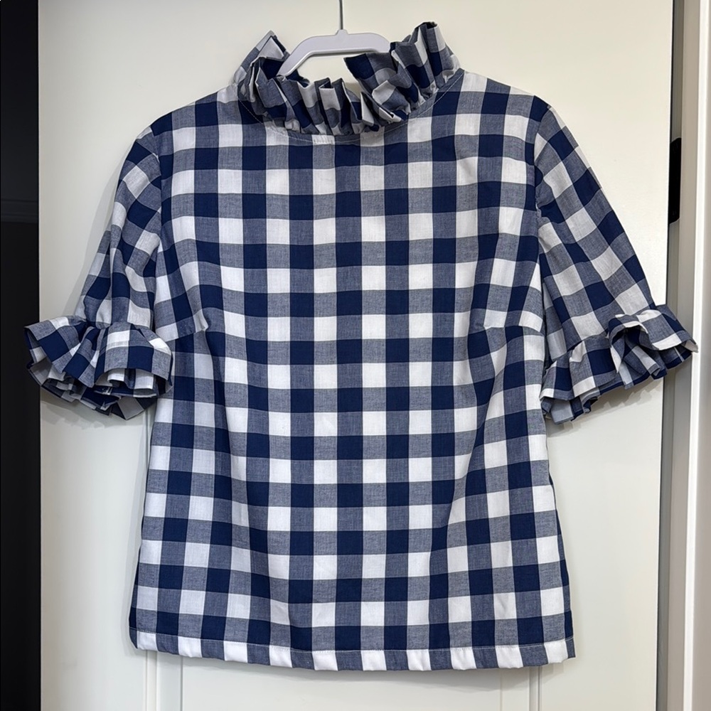 Blue and White Ruffled 3/4 Sleeve Blouse